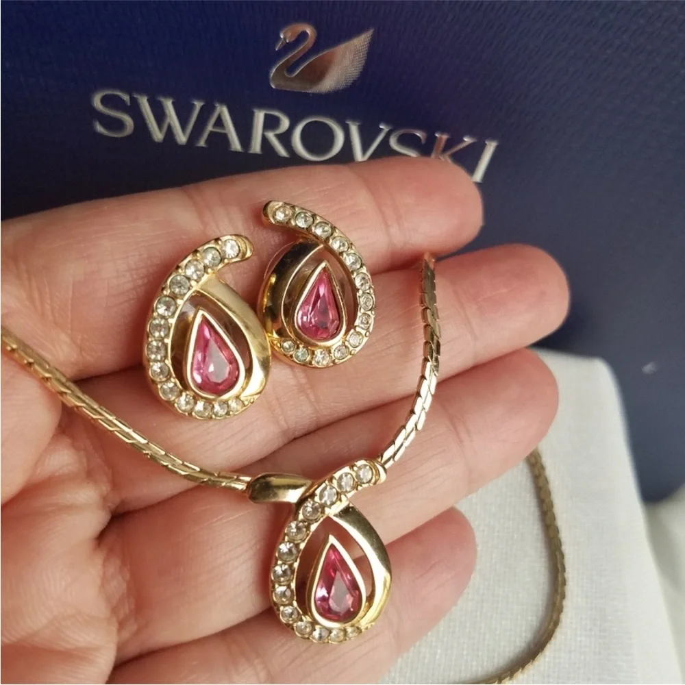 AUTHENTIC Swarovski 24k Gold Plated Pink Teardrop Earrings Vintage RARE